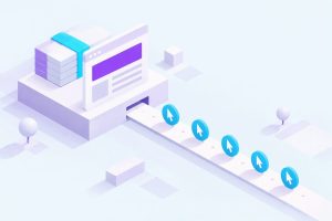 Isometric illustration of ad spend becoming clicks